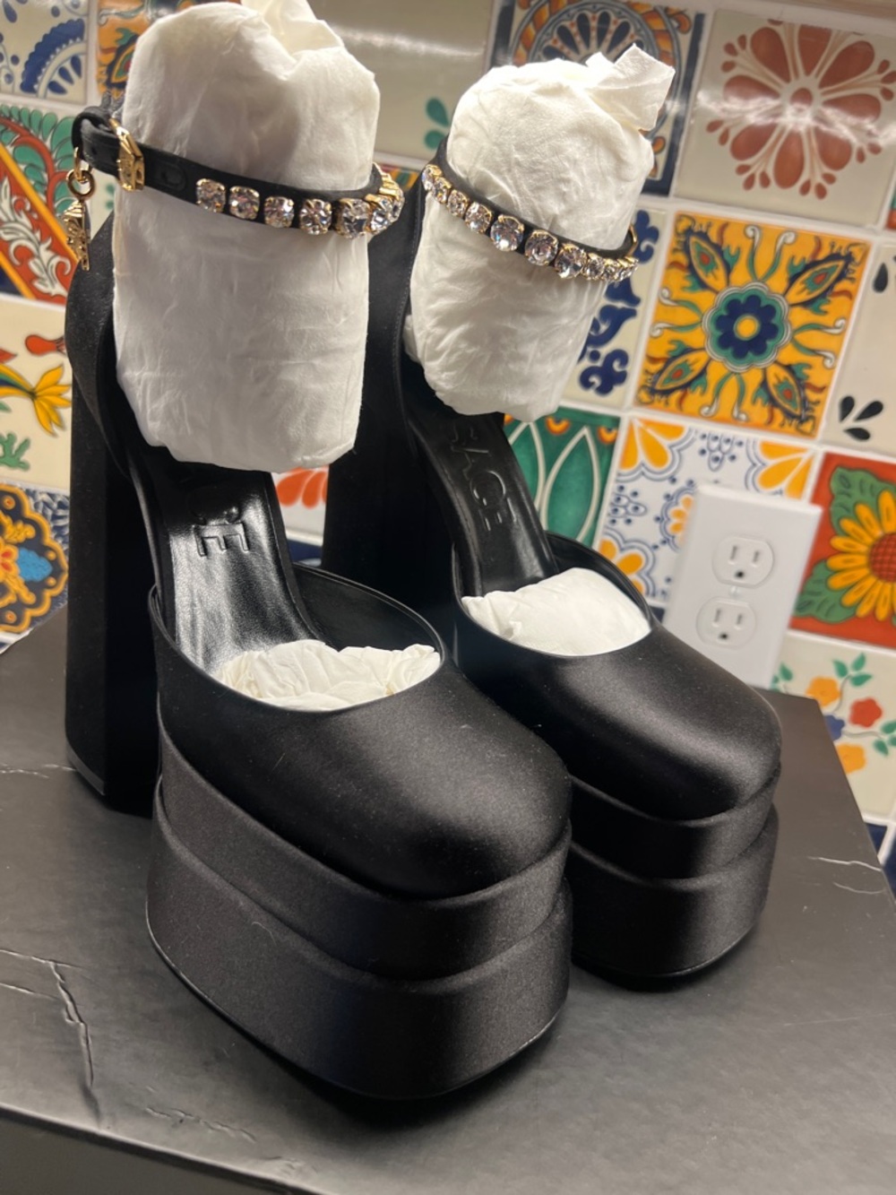 Versace Medusa Aevitas Black Platform Ankle-Strap Heels with Crystal Accent